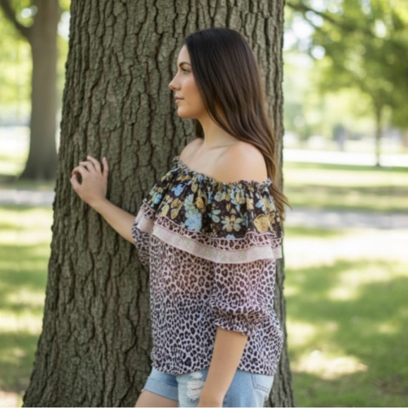 Kori Tops - Kori Floral and Leopard Print Off-Shoulder Top